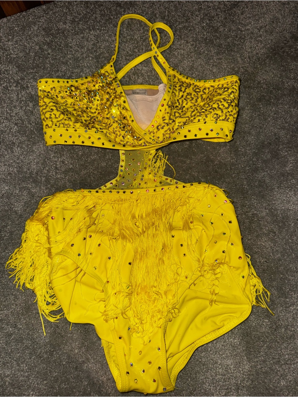 Yellow dance costume, sequence fringe and lots of stones